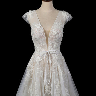 Elegant Low Open Back A-Line Wedding Dress with Deep Plunge V-Neck - Rosymae