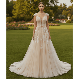 Elegant Low Open Back A-Line Wedding Dress with Deep Plunge V-Neck - Rosymae