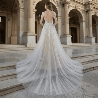 Elegant Low Open Back A-Line Wedding Dress with Deep Plunge V-Neck - Rosymae