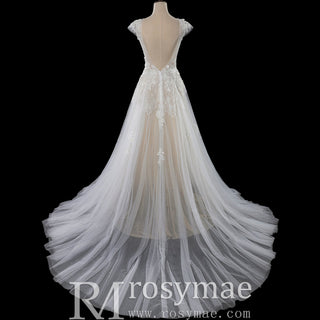 Elegant Low Open Back A-Line Wedding Dress with Deep Plunge V-Neck - Rosymae