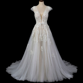 Elegant Low Open Back A-Line Wedding Dress with Deep Plunge V-Neck - Rosymae