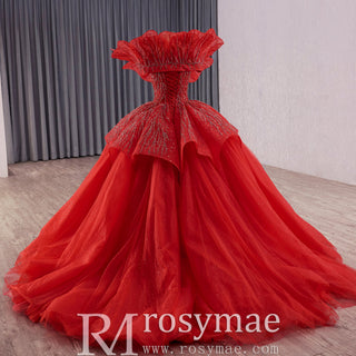 Elegant Luxury Convertible Glitter Red Unique Wedding Dresses Ball Gown - Rosymae