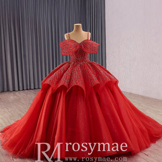 Elegant Luxury Convertible Glitter Red Unique Wedding Dresses Ball Gown - Rosymae