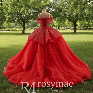 Elegant Luxury Convertible Glitter Red Unique Wedding Dresses Ball Gown - Rosymae