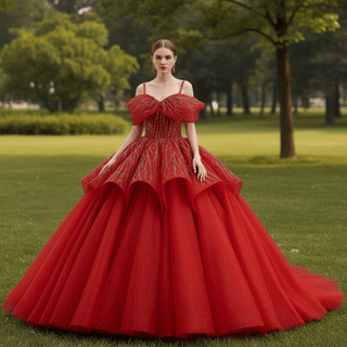 Elegant Luxury Convertible Glitter Red Unique Wedding Dresses Ball Gown - Rosymae