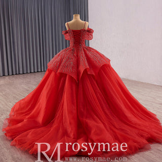 Elegant Luxury Convertible Glitter Red Unique Wedding Dresses Ball Gown - Rosymae
