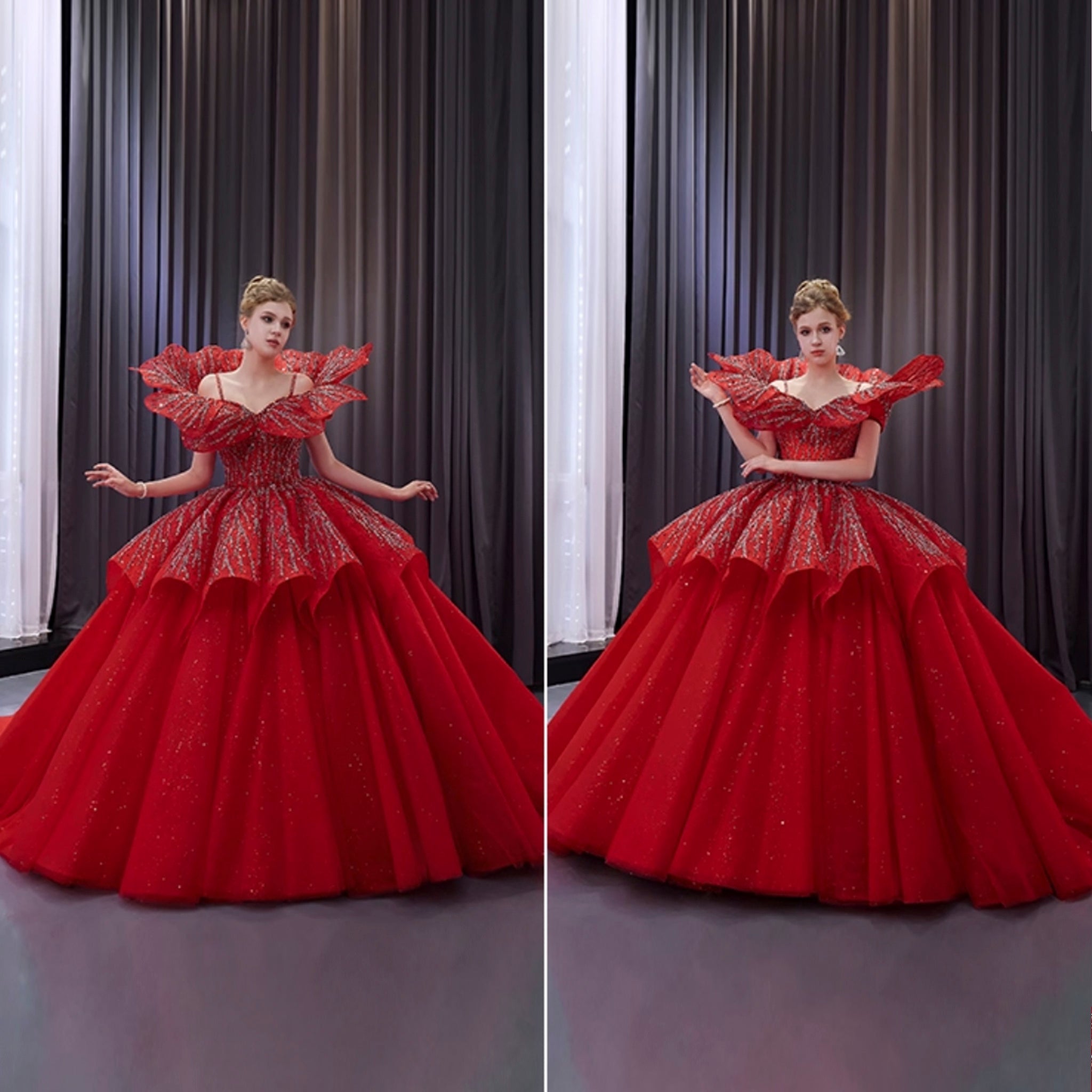 Elegant Luxury Convertible Glitter Red Unique Wedding Dresses Ball Gown - Rosymae