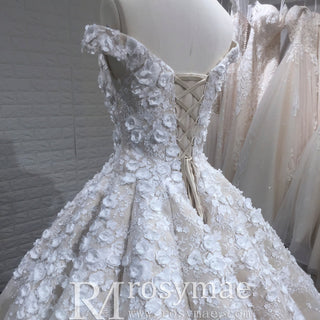 Elegant Luxury Off-the-Shoulder Ball Gown Wedding Dress with 3D Floral - Rosymae