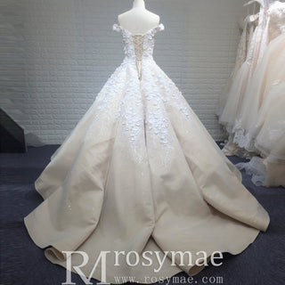 Elegant Luxury Off-the-Shoulder Ball Gown Wedding Dress with 3D Floral - Rosymae