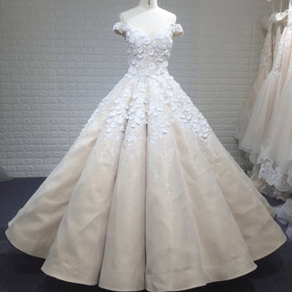 Elegant Luxury Off-the-Shoulder Ball Gown Wedding Dress with 3D Floral - Rosymae
