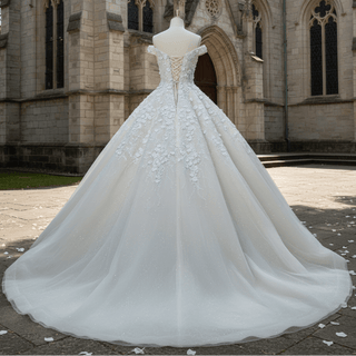 Elegant Luxury Off-the-Shoulder Ball Gown Wedding Dress with 3D Floral - Rosymae