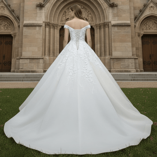 Elegant Luxury Off-the-Shoulder Ball Gown Wedding Dress with 3D Floral - Rosymae