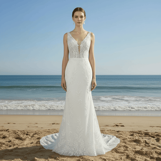 Elegant Luxury Plunging Neck Mermaid Lace Wedding Dress - Rosymae