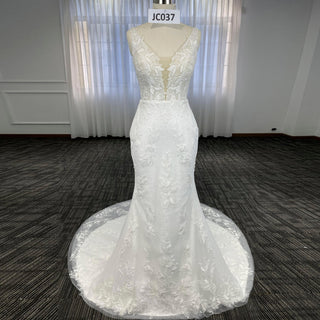 Elegant Luxury Plunging Neck Mermaid Lace Wedding Dress - Rosymae
