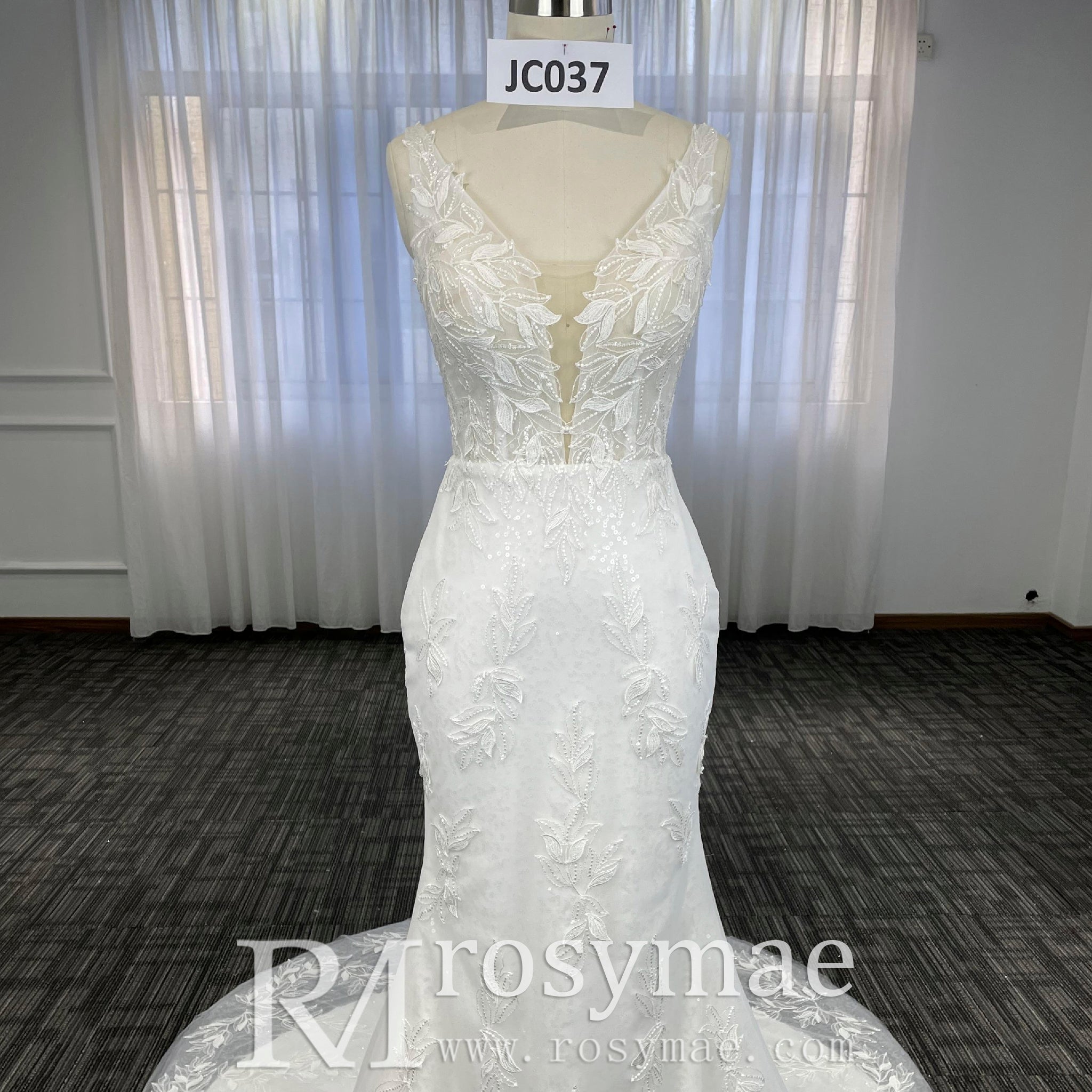 Elegant Luxury Plunging Neck Mermaid Lace Wedding Dress - Rosymae