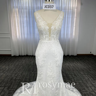 Elegant Luxury Plunging Neck Mermaid Lace Wedding Dress - Rosymae