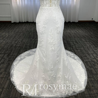 Elegant Luxury Plunging Neck Mermaid Lace Wedding Dress - Rosymae