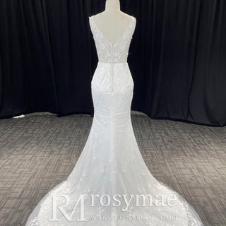 Elegant Luxury Plunging Neck Mermaid Lace Wedding Dress - Rosymae