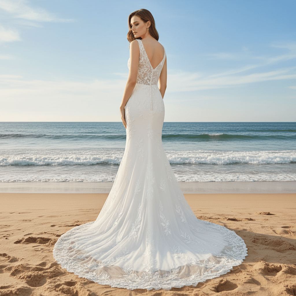 Elegant Luxury Plunging Neck Mermaid Lace Wedding Dress - Rosymae