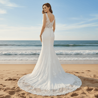 Elegant Luxury Plunging Neck Mermaid Lace Wedding Dress - Rosymae