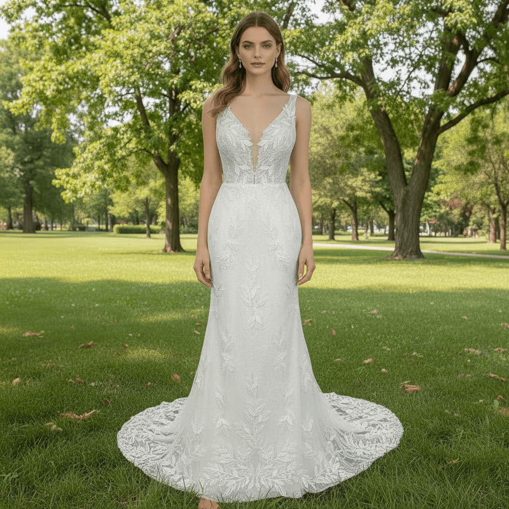 Elegant Luxury Plunging Neck Mermaid Lace Wedding Dress - Rosymae