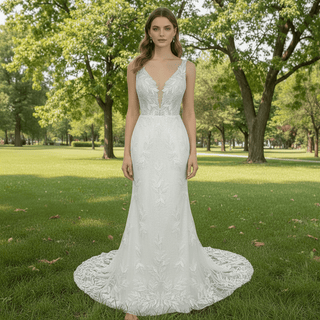 Elegant Luxury Plunging Neck Mermaid Lace Wedding Dress - Rosymae