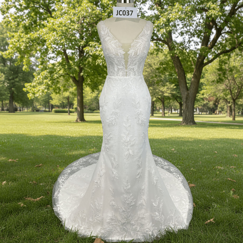 Elegant Luxury Plunging Neck Mermaid Lace Wedding Dress - Rosymae