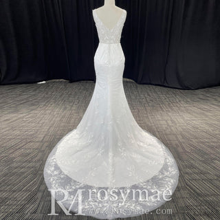 Elegant Luxury Plunging Neck Mermaid Lace Wedding Dress - Rosymae