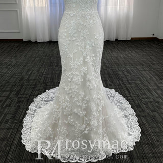 Elegant Mermaid Flower Lace V-Neck Wedding Dress with Empire Waist - Rosymae