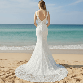 Elegant Mermaid Flower Lace V-Neck Wedding Dress with Empire Waist - Rosymae