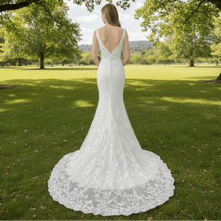 Elegant Mermaid Flower Lace V-Neck Wedding Dress with Empire Waist - Rosymae
