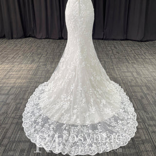 Elegant Mermaid Flower Lace V-Neck Wedding Dress with Empire Waist - Rosymae
