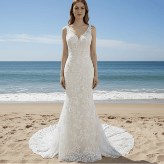 Elegant Mermaid Flower Lace V-Neck Wedding Dress with Empire Waist - Rosymae
