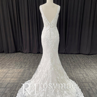 Elegant Mermaid Flower Lace V-Neck Wedding Dress with Empire Waist - Rosymae