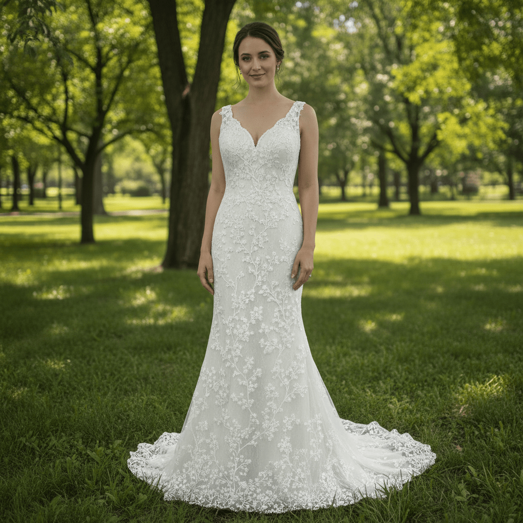 Elegant Mermaid Flower Lace V-Neck Wedding Dress with Empire Waist