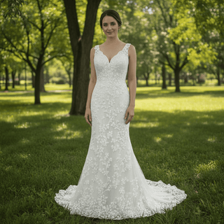 Elegant Mermaid Flower Lace V-Neck Wedding Dress with Empire Waist - Rosymae