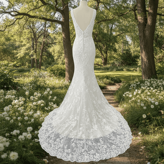 Elegant Mermaid Flower Lace V-Neck Wedding Dress with Empire Waist - Rosymae
