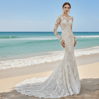 Elegant Mermaid Lace Wedding Dresses with Sheer Long Sleeves - Rosymae