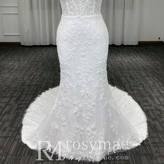 Elegant Mermaid Mermaid Lace Wedding Dress with Sheer Bodice - Rosymae