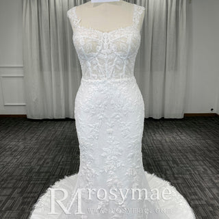 Elegant Mermaid Mermaid Lace Wedding Dress with Sheer Bodice - Rosymae