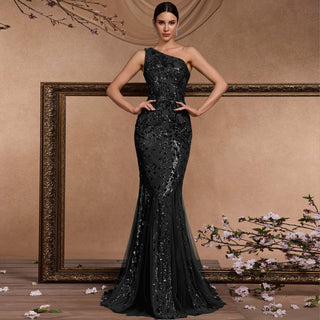 Elegant Mermaid One-Shoulder Long Black Prom Dress with Sequins - Rosymae