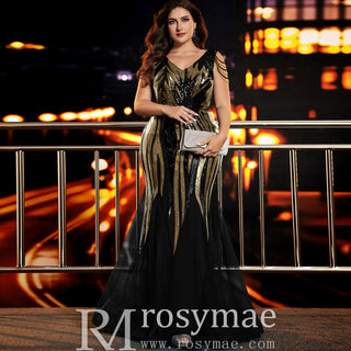 Elegant Mermaid Plus Size Black and Gold Evening Dress with V-neck - Rosymae