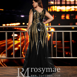 Elegant Mermaid Plus Size Black and Gold Evening Dress with V-neck - Rosymae