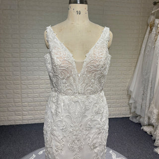 Elegant Mermaid Plus Size Vneck Wedding Dress with Floral Lace Appliqued - Rosymae