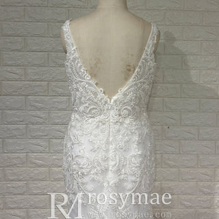 Elegant Mermaid Plus Size Vneck Wedding Dress with Floral Lace Appliqued - Rosymae