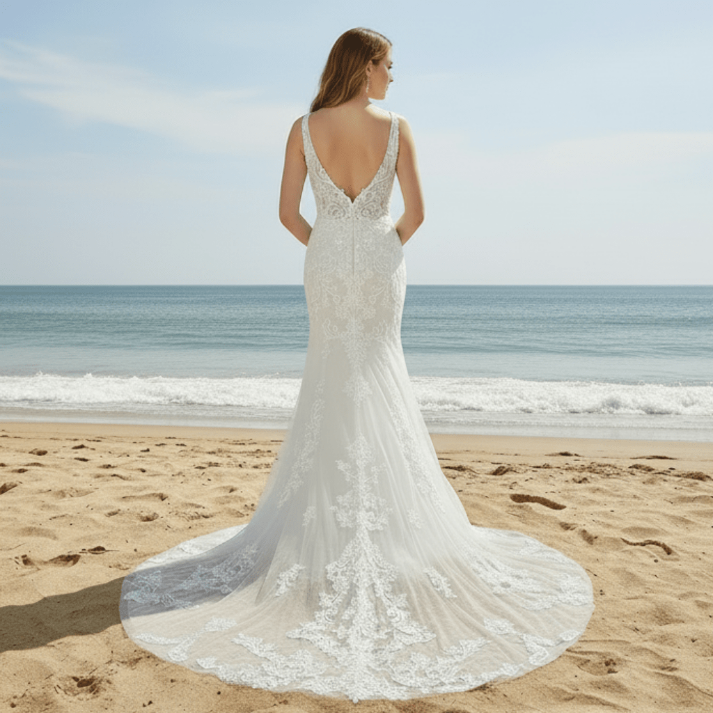 Elegant Mermaid Plus Size Vneck Wedding Dress with Floral Lace Appliqued - Rosymae