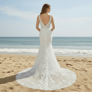 Elegant Mermaid Plus Size Vneck Wedding Dress with Floral Lace Appliqued - Rosymae
