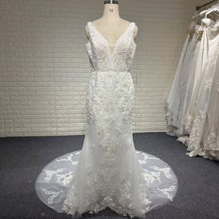 Elegant Mermaid Plus Size Vneck Wedding Dress with Floral Lace Appliqued - Rosymae