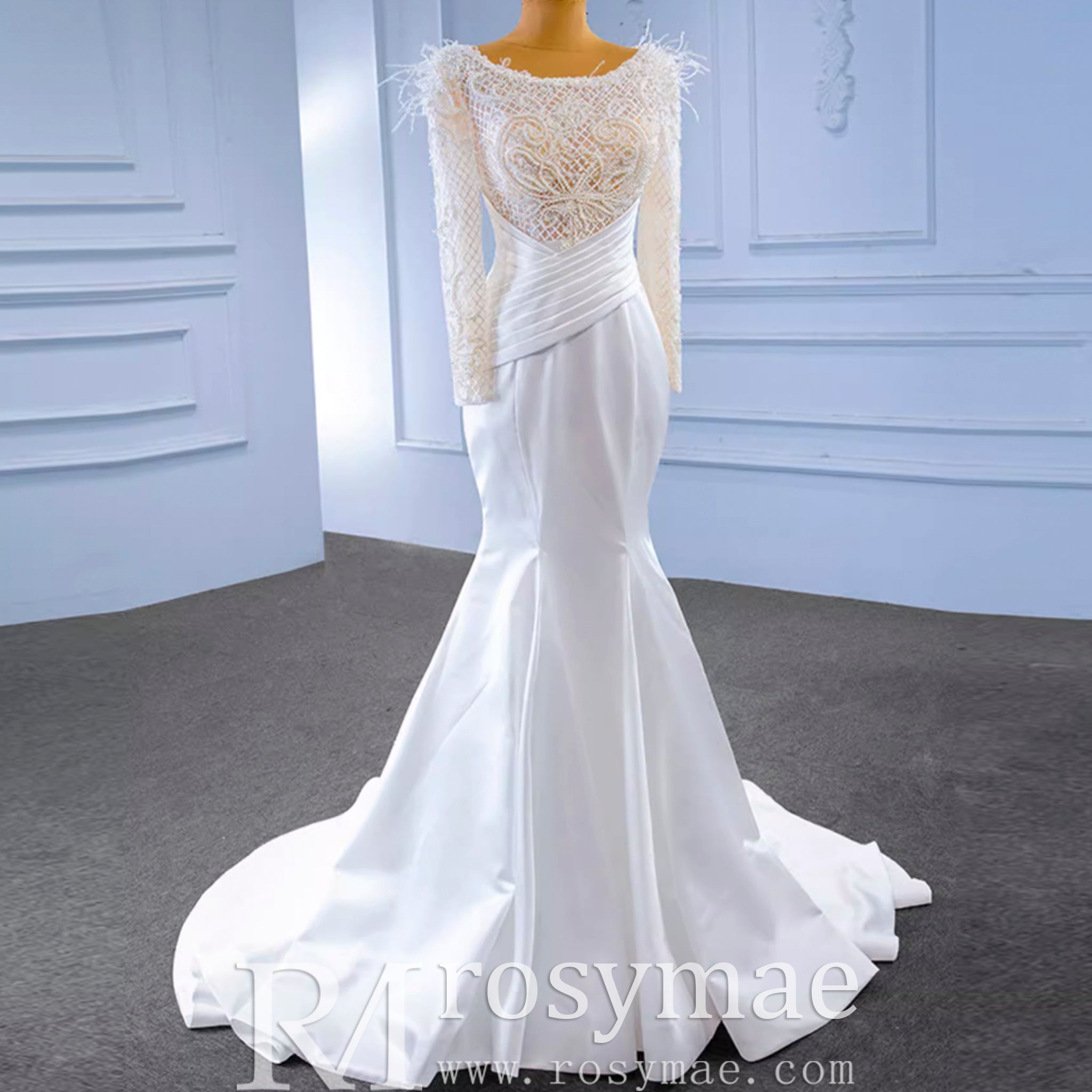 Elegant Mermaid Satin Wedding Dress Pearl Beaded Long Sleeve Bridal Dress - Rosymae