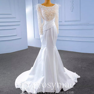 Elegant Mermaid Satin Wedding Dress Pearl Beaded Long Sleeve Bridal Dress - Rosymae